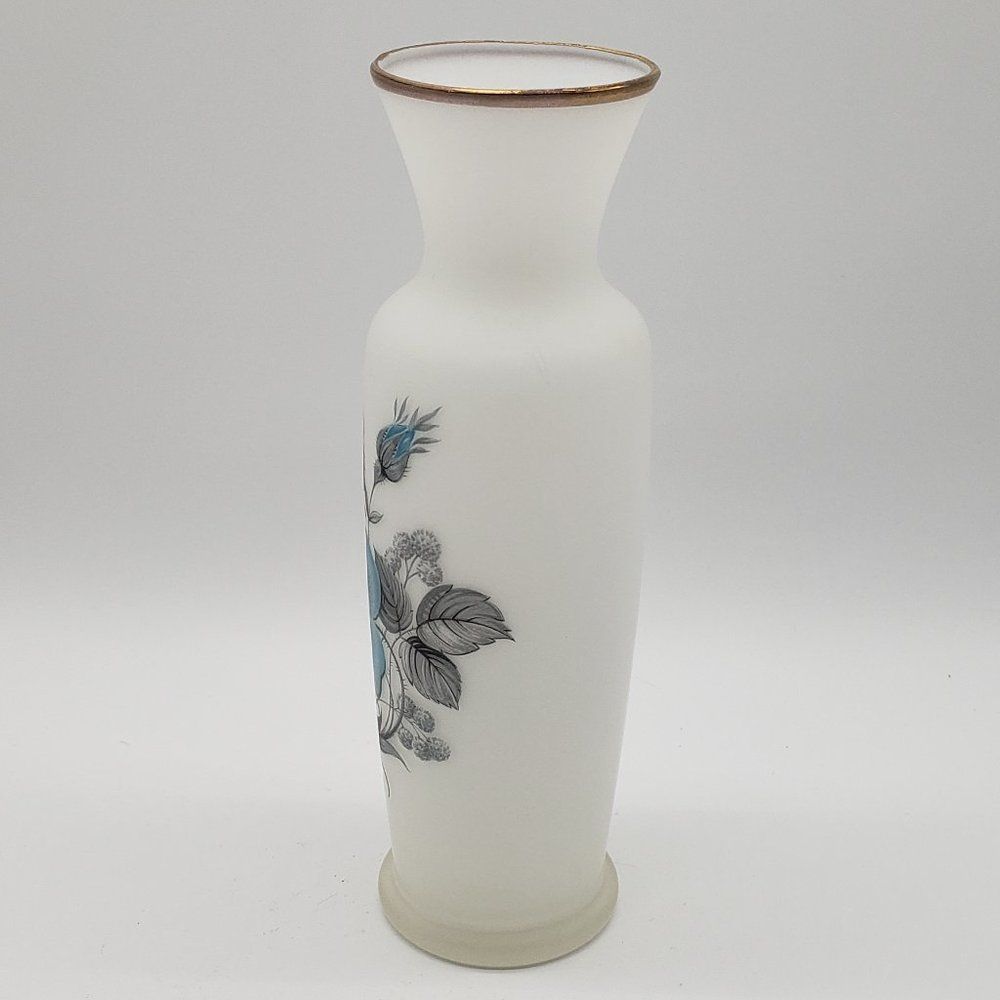 Norleans Vintage Satin Milk Glass Blue Roses Grey Leaves Gold Gilt Vase - Picture 8 of 11